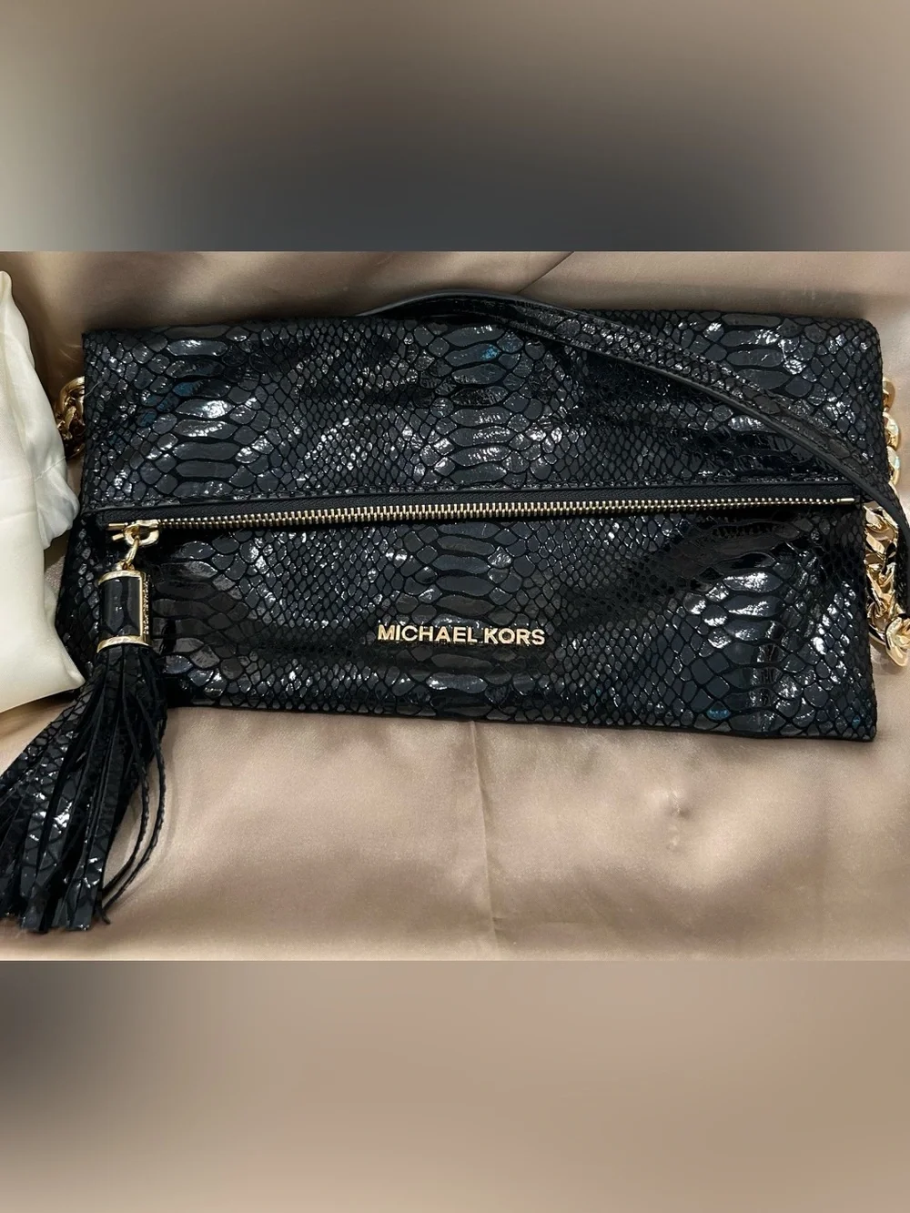 Michael Kors Black Snake-Embossed Tassel Crossbody